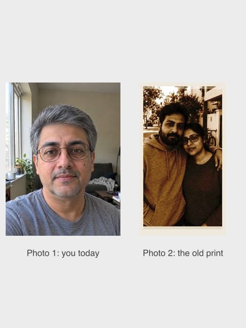 Two AI-generated test photos side by side: a grey-haired man of about 58 with glasses, and a faded sepia print of a young bearded man and a woman with glasses