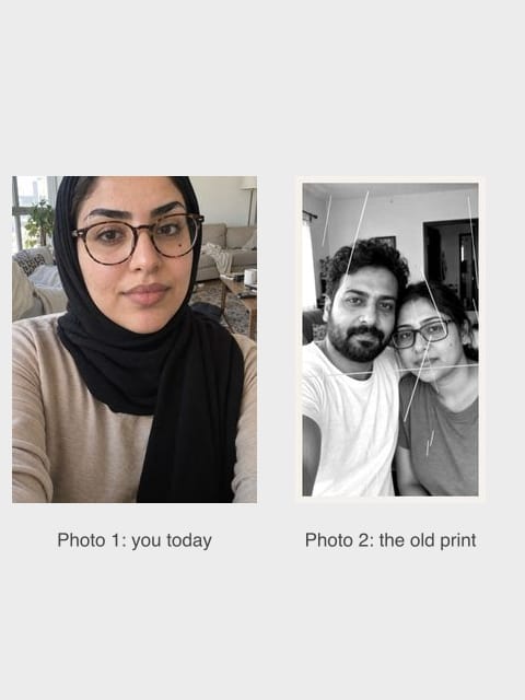 Two AI-generated test photos side by side: a woman in a black headscarf and glasses today, and a scratched black-and-white print of a bearded man and a woman with glasses