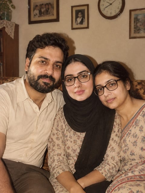 The three of them in colour on a printed sofa, the woman in the headscarf sitting between the couple
