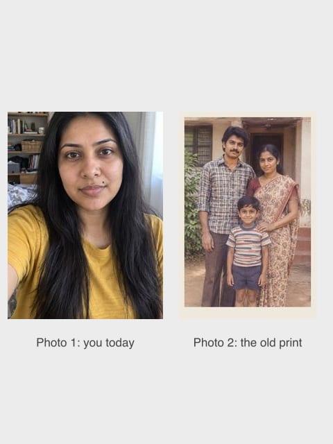 Two AI-generated test photos side by side: a woman with long hair and a lip mole today, and a faded print of a couple with a small boy outside a house