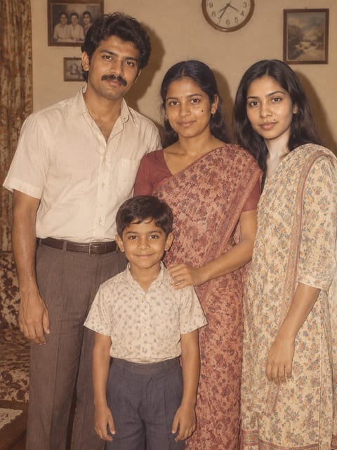 Four people standing indoors: the moustached man, the boy, his mother in a saree and the long-haired woman at the right